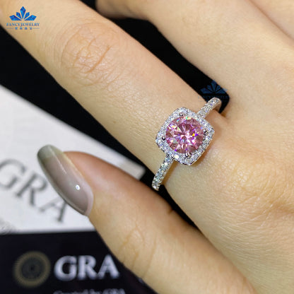 Women's 1ct Moissanite Ring Rhodium & White Gold Plated Green Yellow Pink Halo 925 Silver Elegant Jewellery