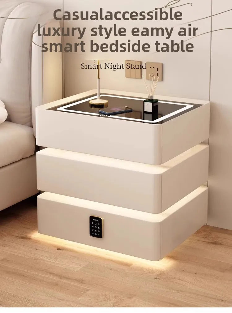High-End Luxury Smart Bedside Table Modern Solid Wood Nightstand Wireless Charging Multifunctional Bedroom Furniture for Living