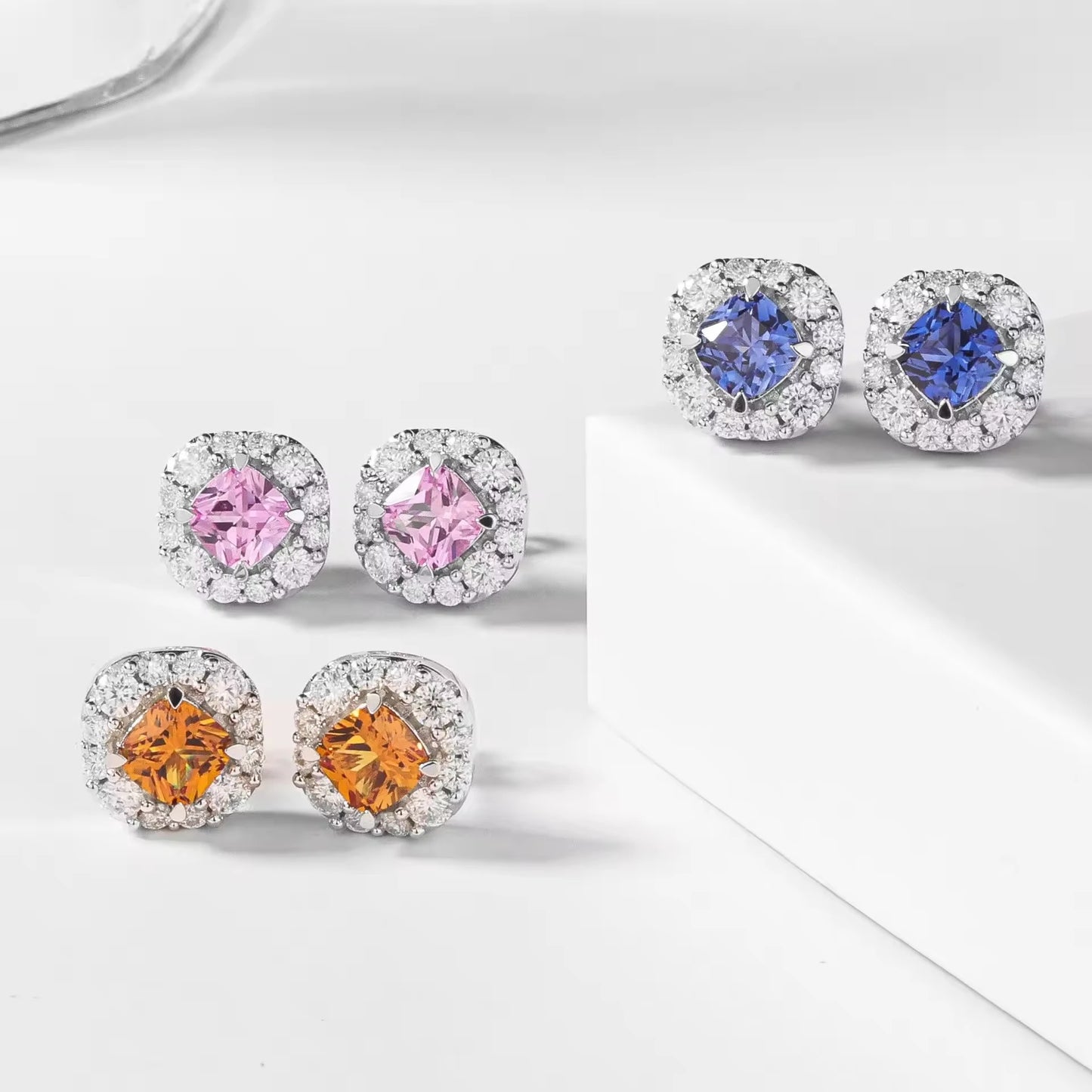 White 18K Gold Plated Waterproof Earrings Lab Grown Sapphire Moissanite Radiant Cut Stud 925 Silver Jewellery