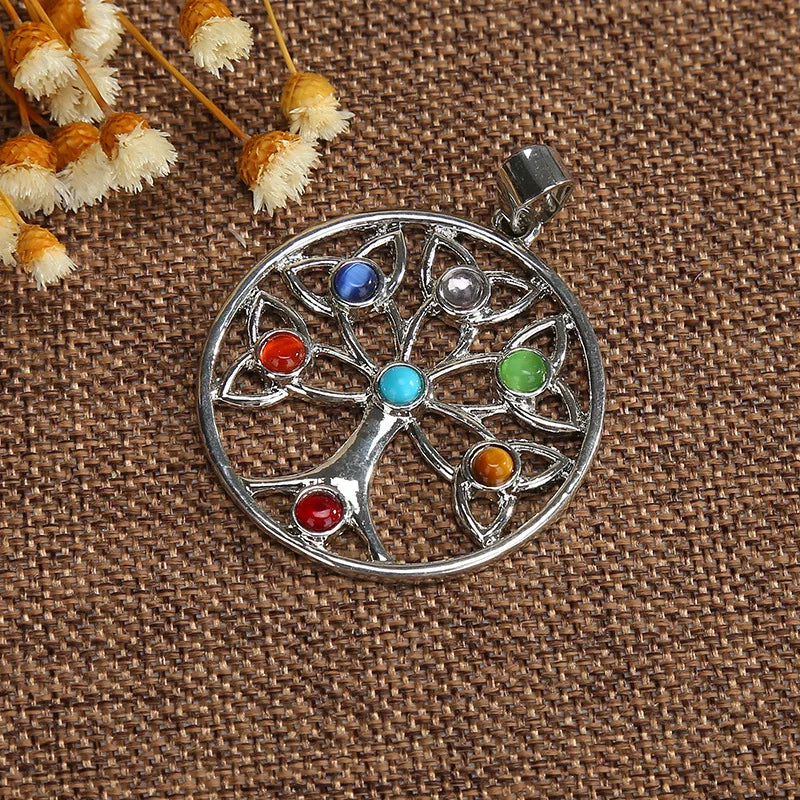 Jewellery Reiki 7 Chakra Stones Crystal Sterling Silver Healing Yoga Pendant Tree of Life Necklace for Women