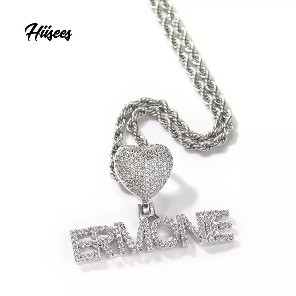 Custom Fashion Crown Hook Iced Out Mini Letter Necklace Personalized Zircon Nameplate Heart Pendant Jewellery for Women