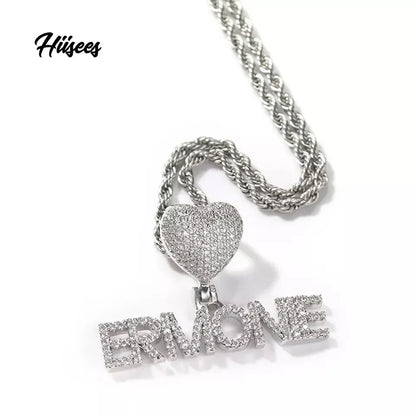 Custom Fashion Crown Hook Iced Out Mini Letter Necklace Personalized Zircon Nameplate Heart Pendant Jewellery for Women
