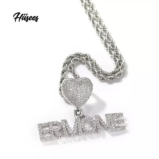 Custom Fashion Crown Hook Iced Out Mini Letter Necklace Personalized Zircon Nameplate Heart Pendant Jewellery for Women