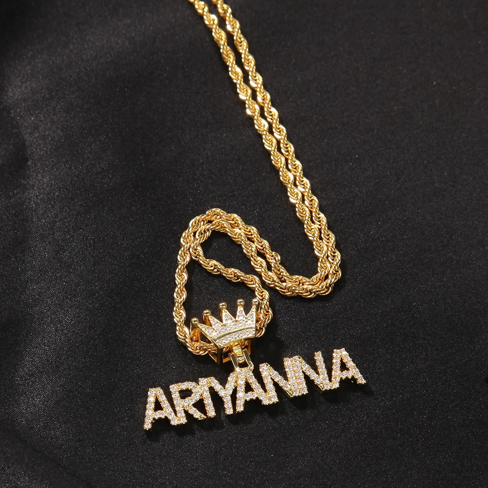 Custom Fashion Crown Hook Iced Out Mini Letter Necklace Personalized Zircon Nameplate Heart Pendant Jewellery for Women
