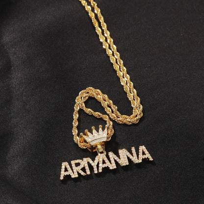 Custom Fashion Crown Hook Iced Out Mini Letter Necklace Personalized Zircon Nameplate Heart Pendant Jewellery for Women