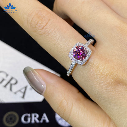 Women's 1ct Moissanite Ring Rhodium & White Gold Plated Green Yellow Pink Halo 925 Silver Elegant Jewellery