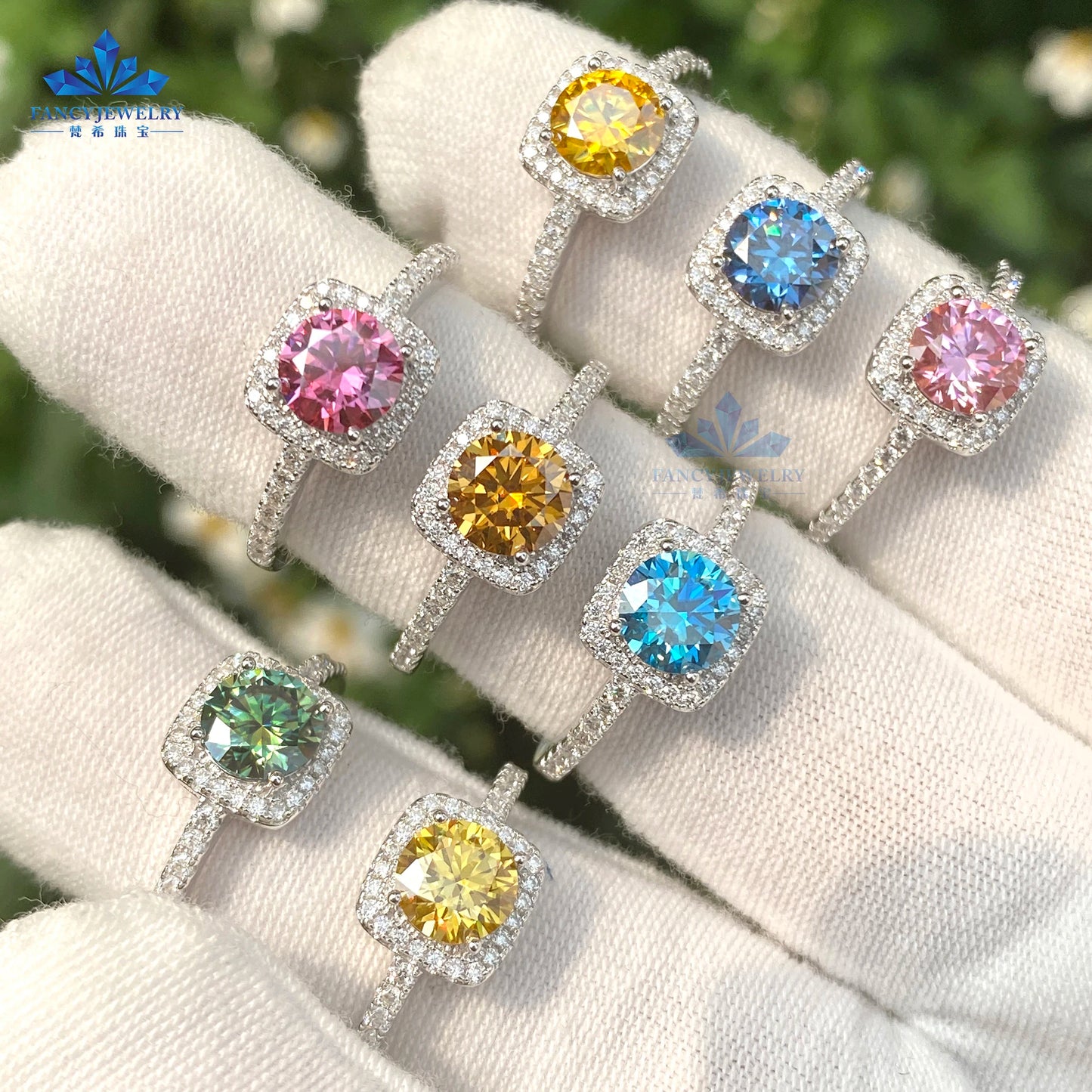 Women's 1ct Moissanite Ring Rhodium & White Gold Plated Green Yellow Pink Halo 925 Silver Elegant Jewellery