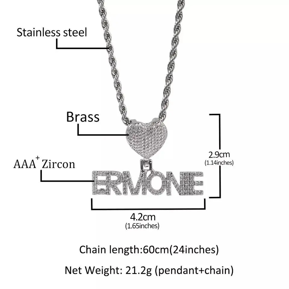 Custom Fashion Crown Hook Iced Out Mini Letter Necklace Personalized Zircon Nameplate Heart Pendant Jewellery for Women