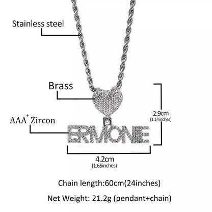 Custom Fashion Crown Hook Iced Out Mini Letter Necklace Personalized Zircon Nameplate Heart Pendant Jewellery for Women
