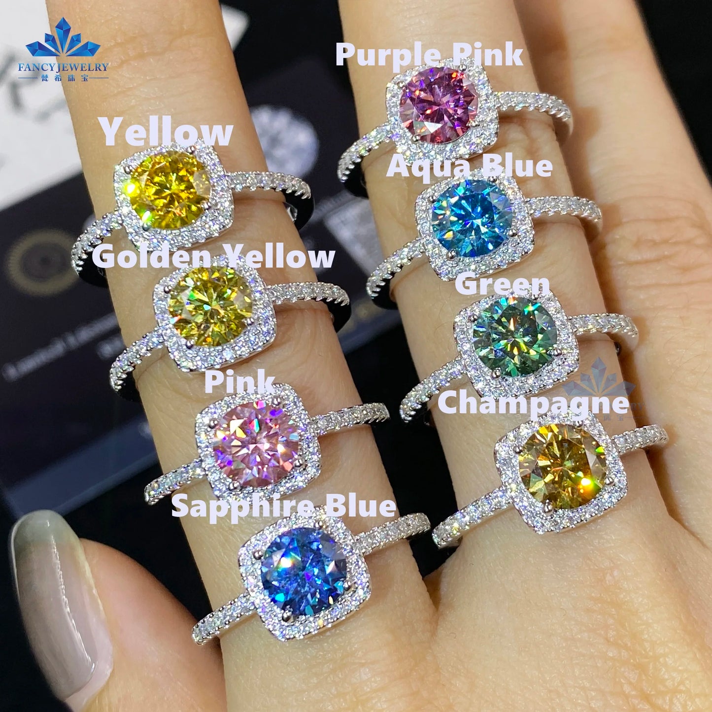 Women's 1ct Moissanite Ring Rhodium & White Gold Plated Green Yellow Pink Halo 925 Silver Elegant Jewellery
