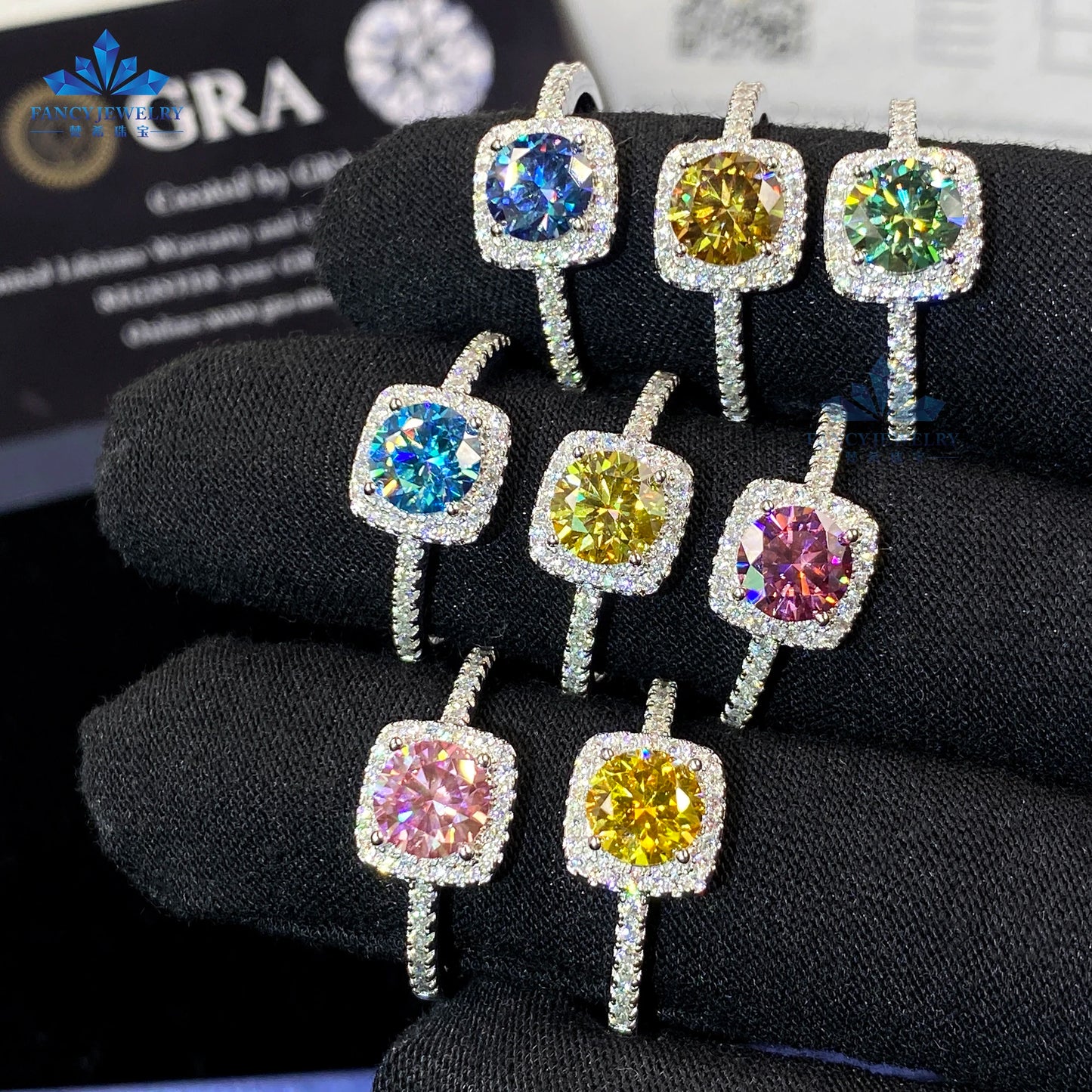 Women's 1ct Moissanite Ring Rhodium & White Gold Plated Green Yellow Pink Halo 925 Silver Elegant Jewellery