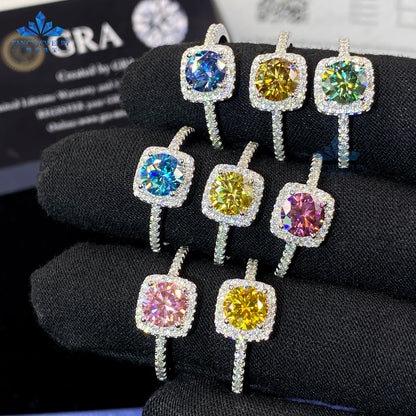 Women's 1ct Moissanite Ring Rhodium & White Gold Plated Green Yellow Pink Halo 925 Silver Elegant Jewellery