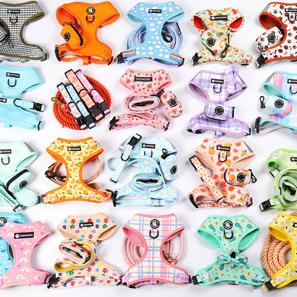 OEM Custom Pattern Leopard Print Breathable Mesh Pet Harness Set With Dog Leash Adjustable Soft Vest Neoprene Dog Harness Set