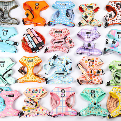 OEM Custom Pattern Leopard Print Breathable Mesh Pet Harness Set With Dog Leash Adjustable Soft Vest Neoprene Dog Harness Set