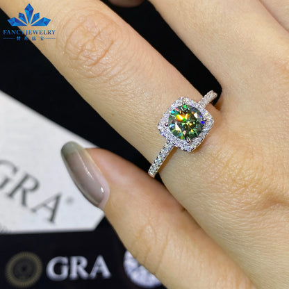 Women's 1ct Moissanite Ring Rhodium & White Gold Plated Green Yellow Pink Halo 925 Silver Elegant Jewellery