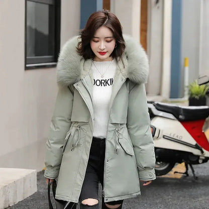 Winter Jacket Women Parka Fashion Long Coat Wool Liner Hooded Parkas Slim With Fur Collar Warm Snow Wear Padded Clothes