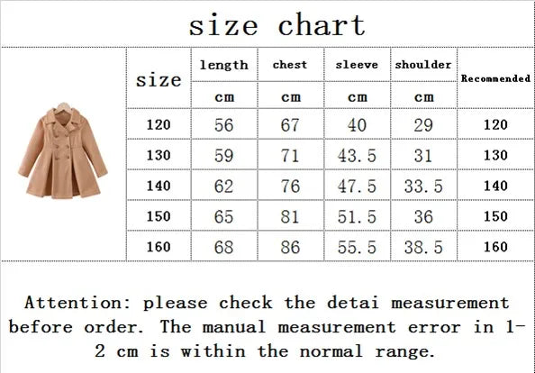 Casual Wool Coat Jacket 5-10Y Winter Children Girls Clothing Long-sleeved Lapel Double-breasted Kids Woolen Coat Girl Clothes