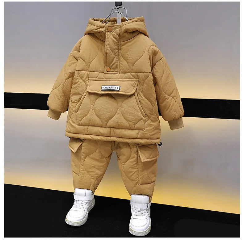 Winter Children Clothes Sets Kids Boys Girls Hooded Warm Cotton Velvet Pullover Coats Outerwear+Pants 2Pcs Snowsuits New1-8Y