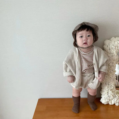 2025 Spring New Baby Cotton Waffle Cardigan Set Boy Cute Bear 2pcs Set Girl Summer Pp Pants Suit Infant Clothes
