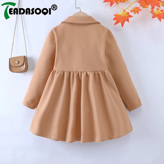 Casual Wool Coat Jacket 5-10Y Winter Children Girls Clothing Long-sleeved Lapel Double-breasted Kids Woolen Coat Girl Clothes