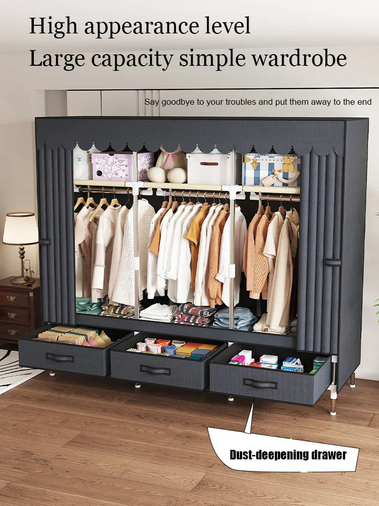 Space-saving portable wardrobe, durable, with hanging shelves, space-saving and dust-proof