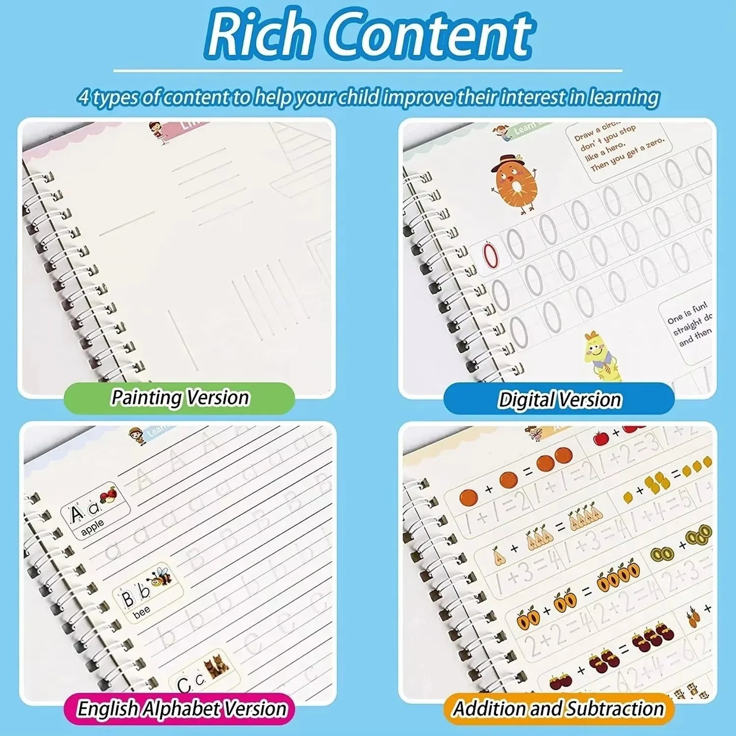 4 Books SANK Copybooks Pen Magic Copy Book Free Wiping Kids Writing Sticker Practice Copybook for Calligraphy