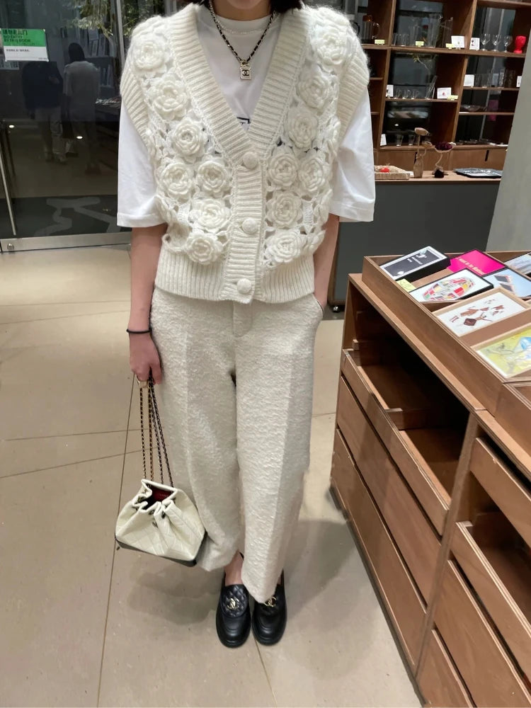 Women Handmade Rose 3D Floral Knit Cardigan Vest Style Feminine Sweater