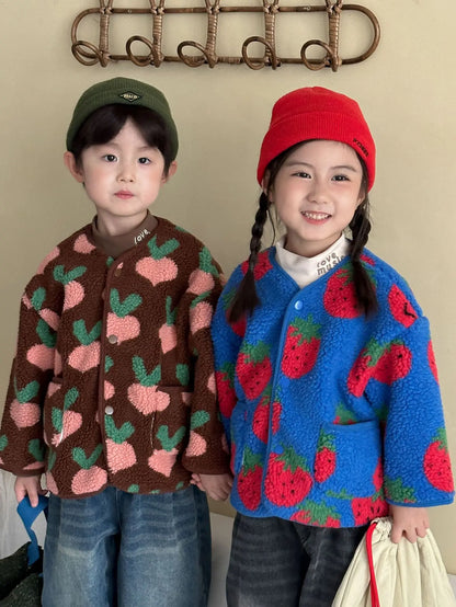Winter New Children Clothes Lamb Wool Loose Jacket Fleece Lined Coat Cute Fruit Cartoon Print Kids Thickened Outerwear