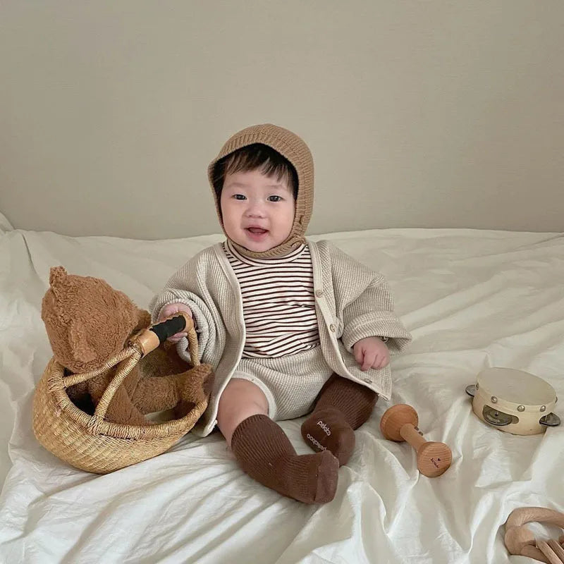 2025 Spring New Baby Cotton Waffle Cardigan Set Boy Cute Bear 2pcs Set Girl Summer Pp Pants Suit Infant Clothes