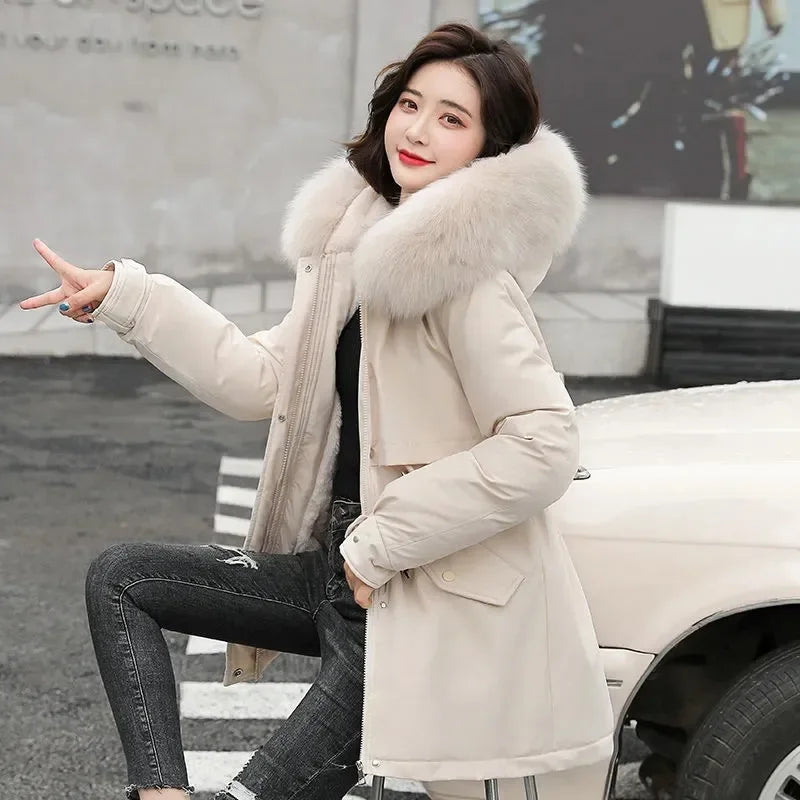 Winter Jacket Women Parka Fashion Long Coat Wool Liner Hooded Parkas Slim With Fur Collar Warm Snow Wear Padded Clothes