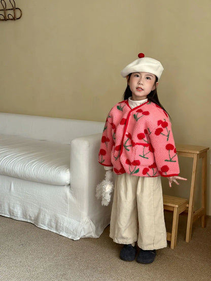 Winter New Children Clothes Lamb Wool Loose Jacket Fleece Lined Coat Cute Fruit Cartoon Print Kids Thickened Outerwear