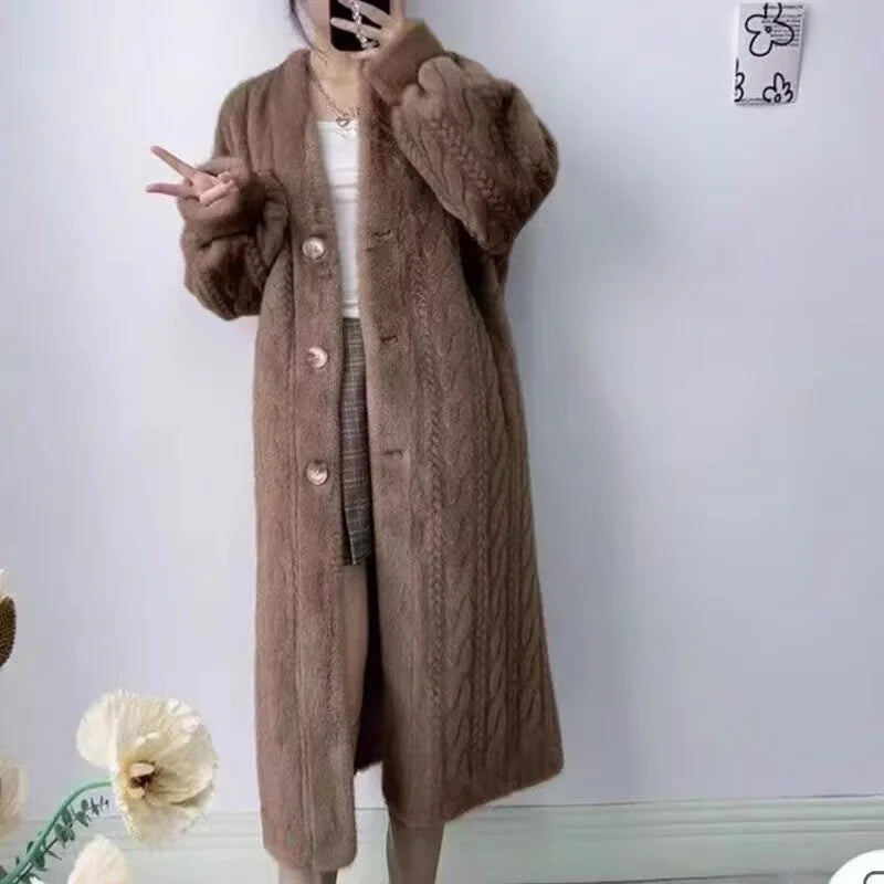  2025 Winter New Thick Women's Long Mink Plush Cardigan With Integrated Fur Eco-Friendly Hooded Fur Coat Solid Color