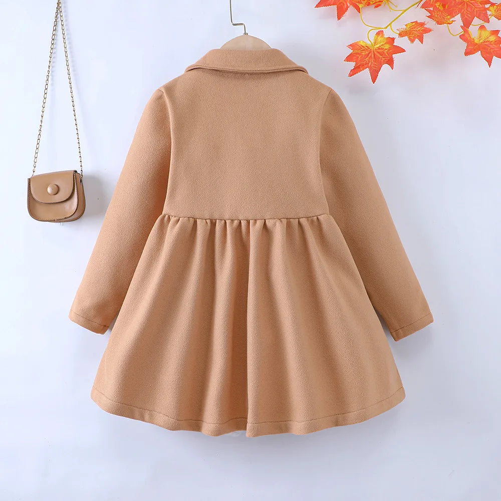 Casual Wool Coat Jacket 5-10Y Winter Children Girls Clothing Long-sleeved Lapel Double-breasted Kids Woolen Coat Girl Clothes