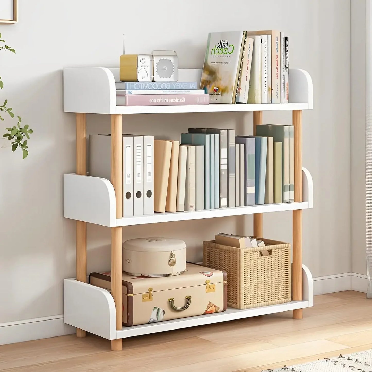 Modern Display Bookshelf with Top Edge and Solid Wood Frame for Home and Office, Storage Cabinet