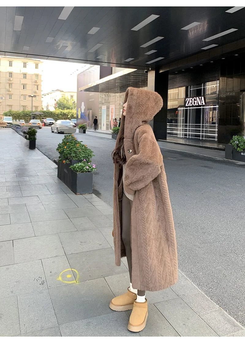  2025 Winter New Thick Women's Long Mink Plush Cardigan With Integrated Fur Eco-Friendly Hooded Fur Coat Solid Color
