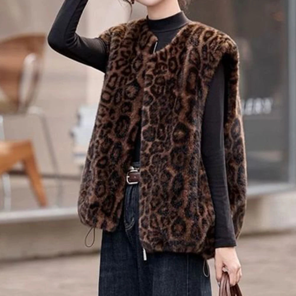 Winter fashion  casual senior sense thin  fur integrated leopard print vest warm top clothing  chalecos para mujer