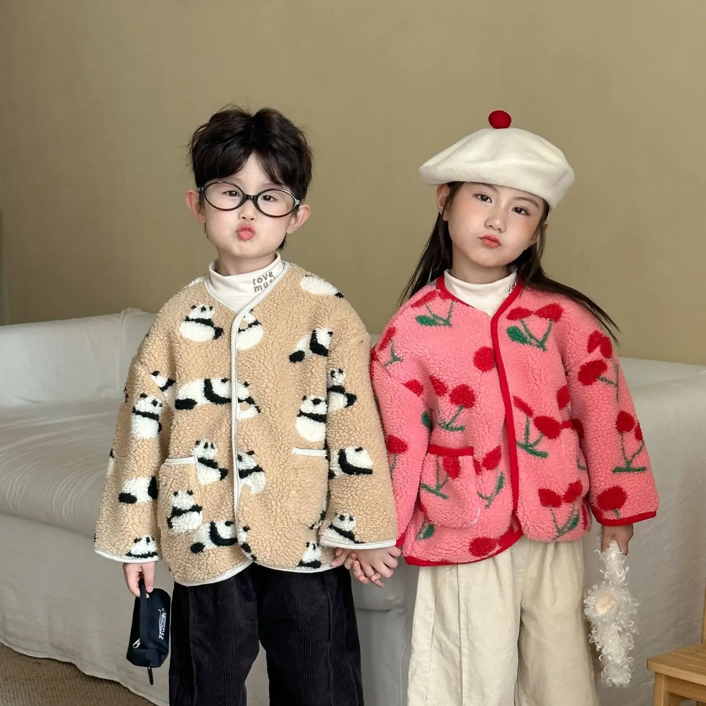 Winter New Children Clothes Lamb Wool Loose Jacket Fleece Lined Coat Cute Fruit Cartoon Print Kids Thickened Outerwear
