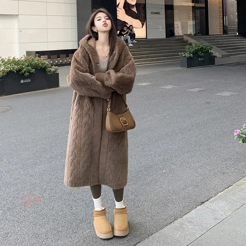  2025 Winter New Thick Women's Long Mink Plush Cardigan With Integrated Fur Eco-Friendly Hooded Fur Coat Solid Color