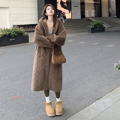  2025 Winter New Thick Women's Long Mink Plush Cardigan With Integrated Fur Eco-Friendly Hooded Fur Coat Solid Color