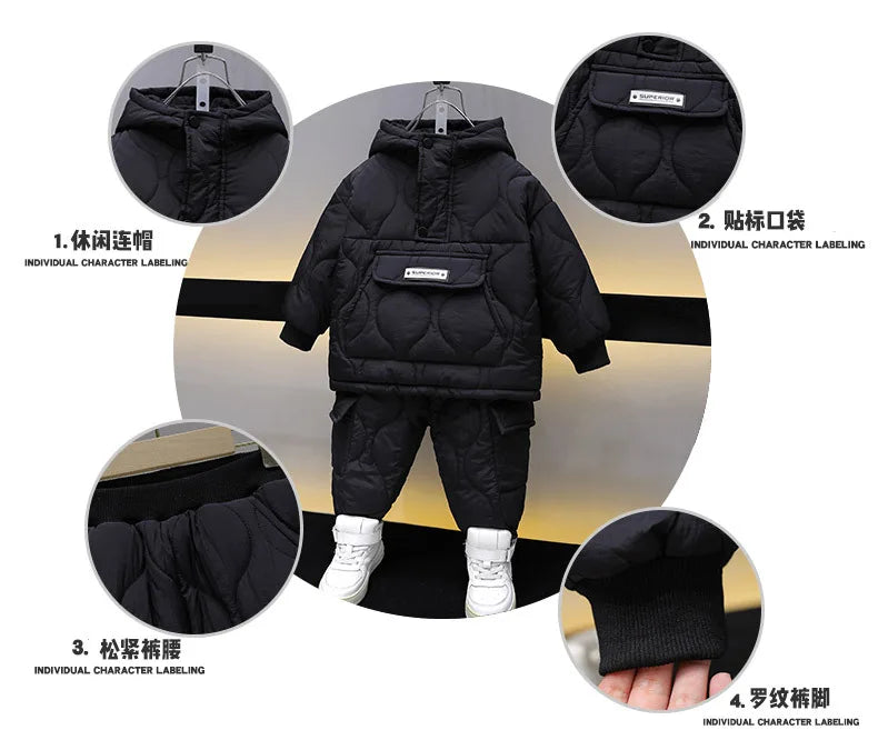 Winter Children Clothes Sets Kids Boys Girls Hooded Warm Cotton Velvet Pullover Coats Outerwear+Pants 2Pcs Snowsuits New1-8Y