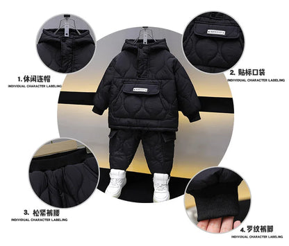 Winter Children Clothes Sets Kids Boys Girls Hooded Warm Cotton Velvet Pullover Coats Outerwear+Pants 2Pcs Snowsuits New1-8Y