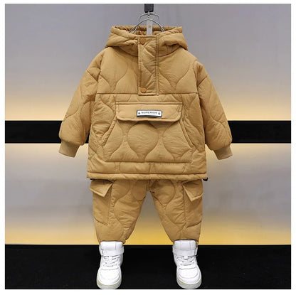 Winter Children Clothes Sets Kids Boys Girls Hooded Warm Cotton Velvet Pullover Coats Outerwear+Pants 2Pcs Snowsuits New1-8Y