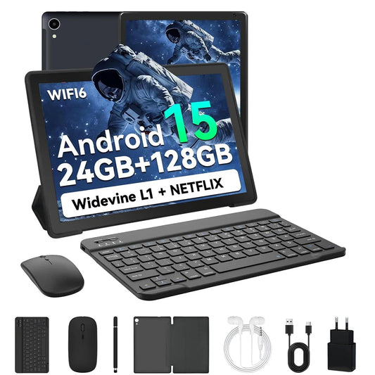 URAO 10 Inch Tablet Android 15 8-Core Tablets 24GB+128GB 1TB Expansion WiFi 6 5MP+8MP Stylus Keyboard Mouse Headphone PC PAD Set