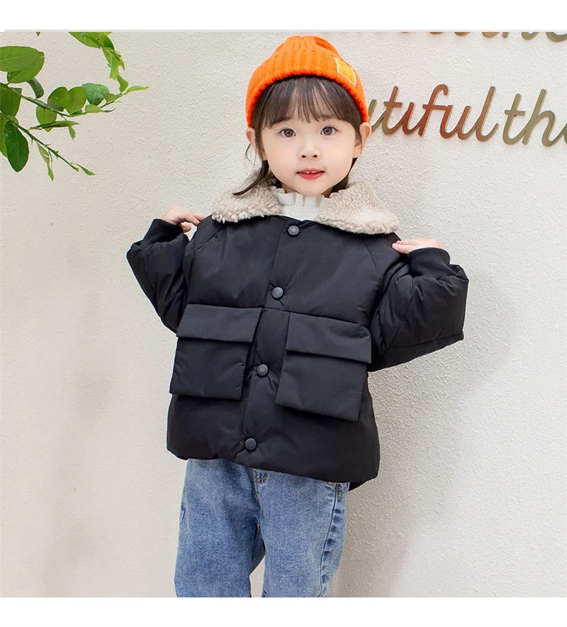 Winter New Warm Coats Baby Girl Boy Lamb Fleece Lapel Down Jackets Autumn Thicken Children Clothes Fashion Boys Girls Outerwear