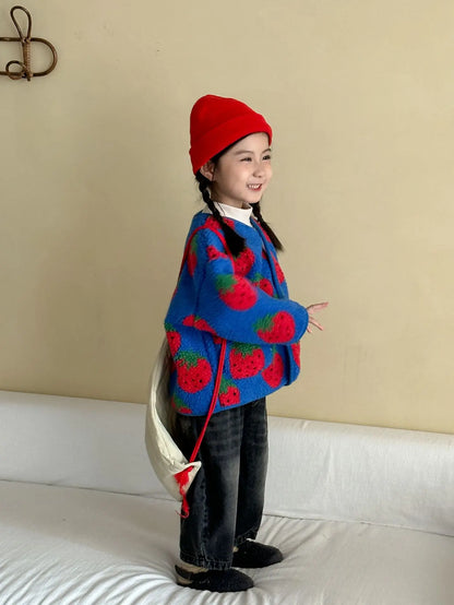 Winter New Children Clothes Lamb Wool Loose Jacket Fleece Lined Coat Cute Fruit Cartoon Print Kids Thickened Outerwear