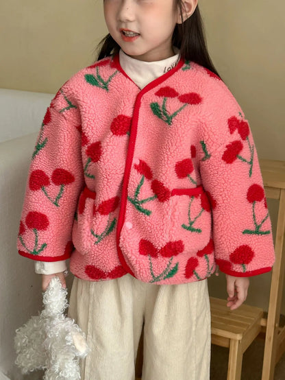Winter New Children Clothes Lamb Wool Loose Jacket Fleece Lined Coat Cute Fruit Cartoon Print Kids Thickened Outerwear