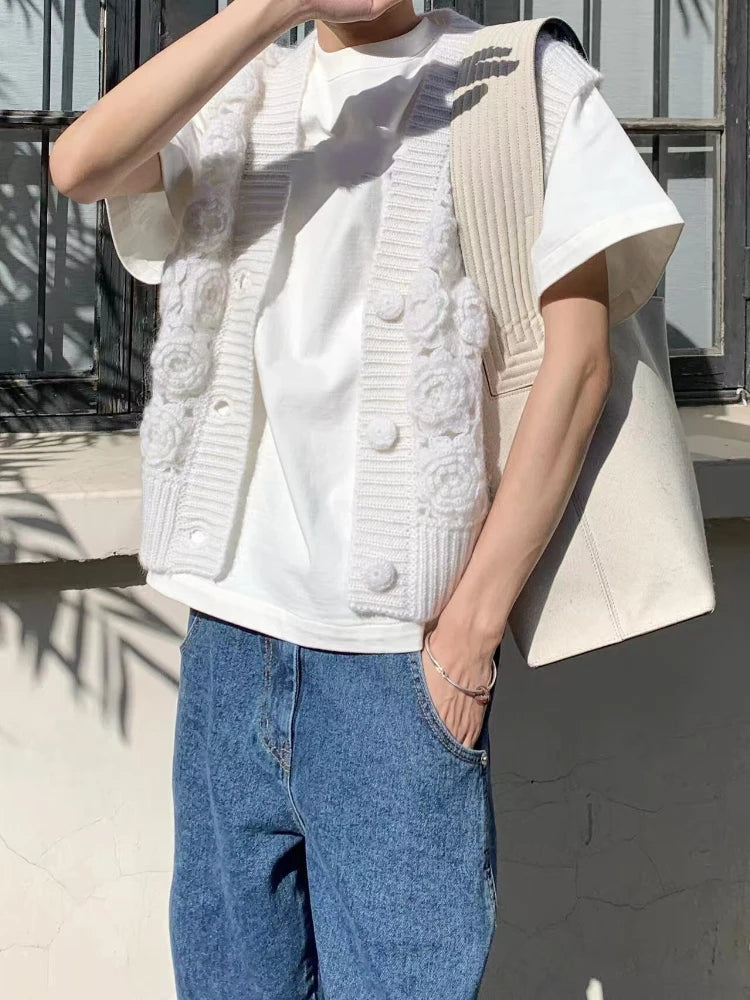 Women Handmade Rose 3D Floral Knit Cardigan Vest Style Feminine Sweater