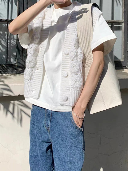 Women Handmade Rose 3D Floral Knit Cardigan Vest Style Feminine Sweater