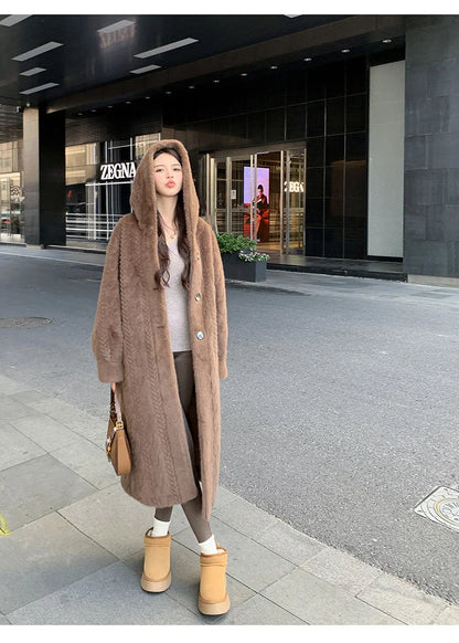  2025 Winter New Thick Women's Long Mink Plush Cardigan With Integrated Fur Eco-Friendly Hooded Fur Coat Solid Color