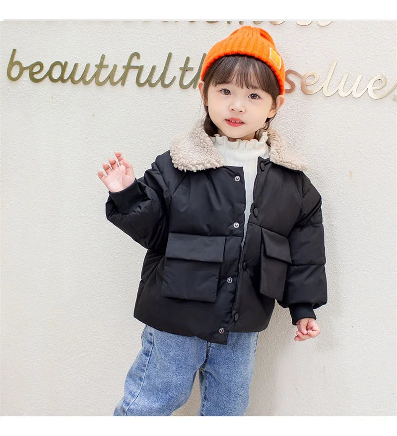 Winter New Warm Coats Baby Girl Boy Lamb Fleece Lapel Down Jackets Autumn Thicken Children Clothes Fashion Boys Girls Outerwear